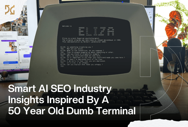 A vintage 1975 Lear Siegler Inc. (LSI) ADM-3A VT-100 dumb terminal displays text on its screen, with modern monitors and plants visible in the background. Overlaid text reads: “Smart AI SEO Industry Insights Inspired By A 50 Year Old Dumb Terminal.”.