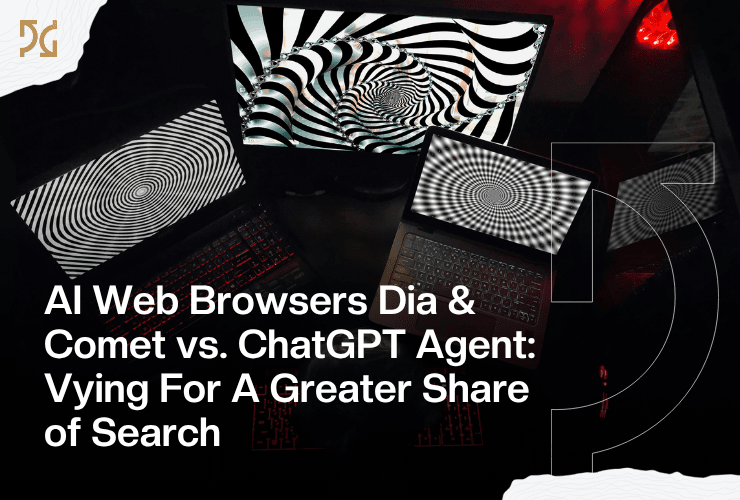 Three laptops display black-and-white spiral patterns on their screens. A text overlay explores how AI Web Browsers like Dia, Comet, and the ChatGPT agent compete in search. Photo by SCARECROW artworks on Unsplash.